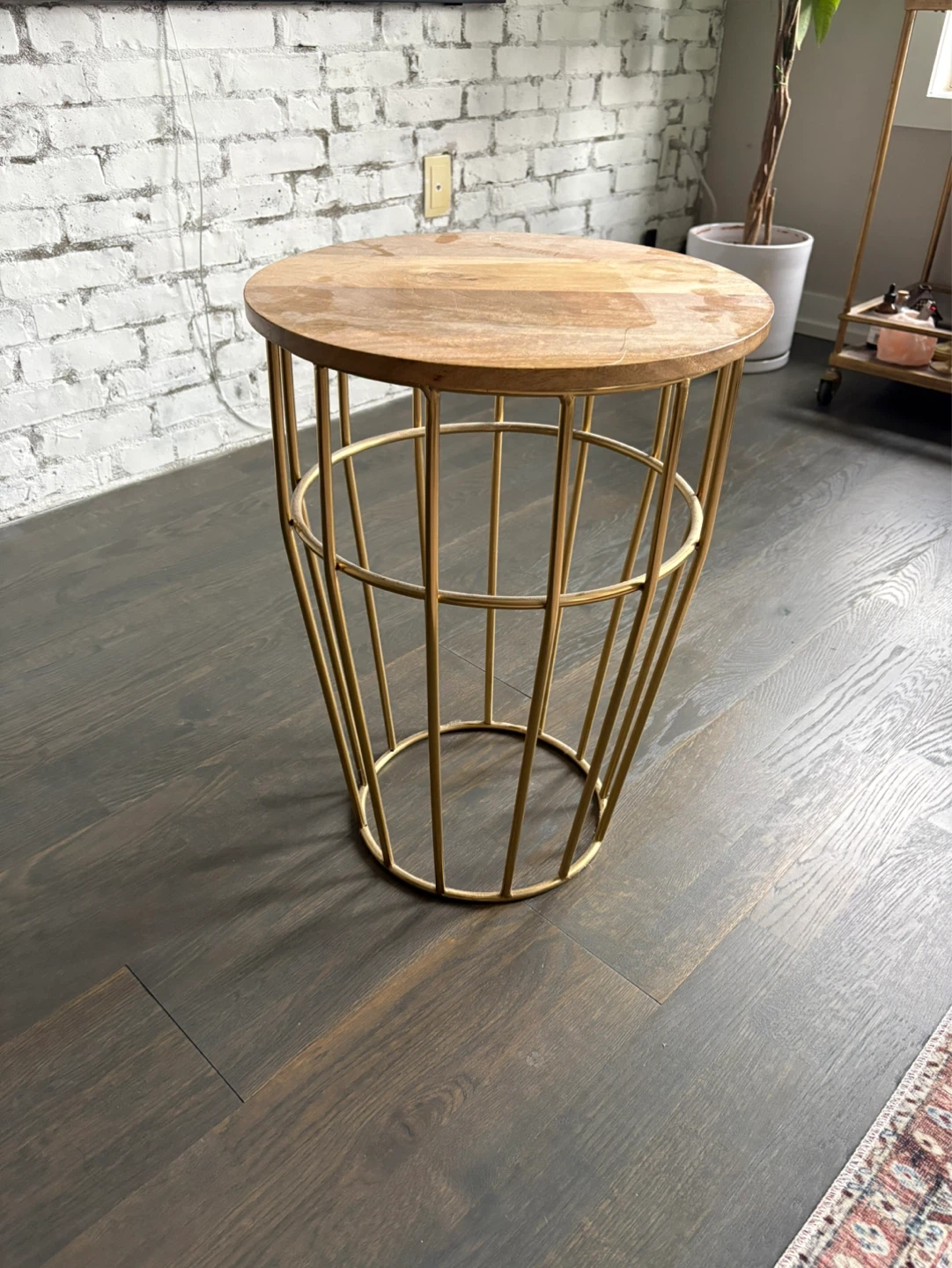 Round Wood Top Side Table with Gold Metal Cage Base