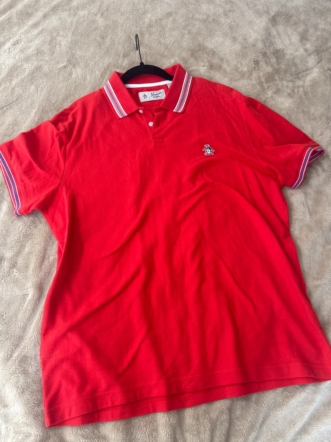 Original Penguin Red Polo Shirt with White & Purple Stripes