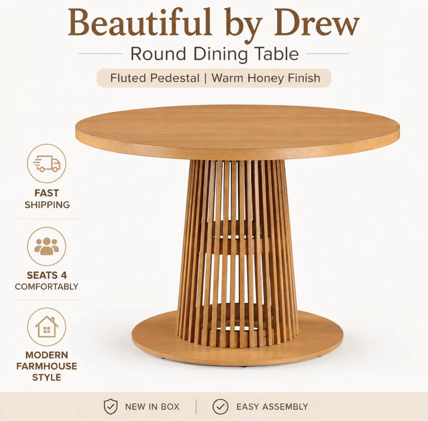 Brand New Drew Round Dining Table - Warm Honey Finish