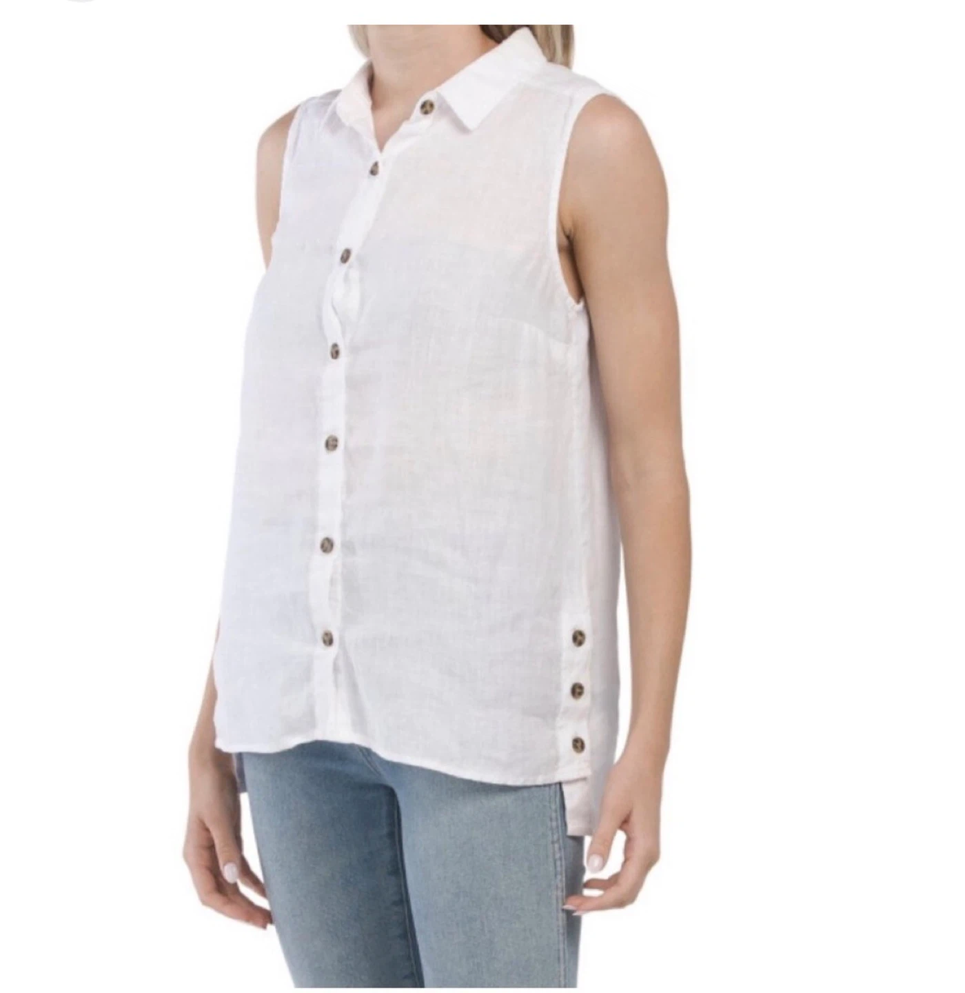White Sleeveless Linen Button-Up Shirt