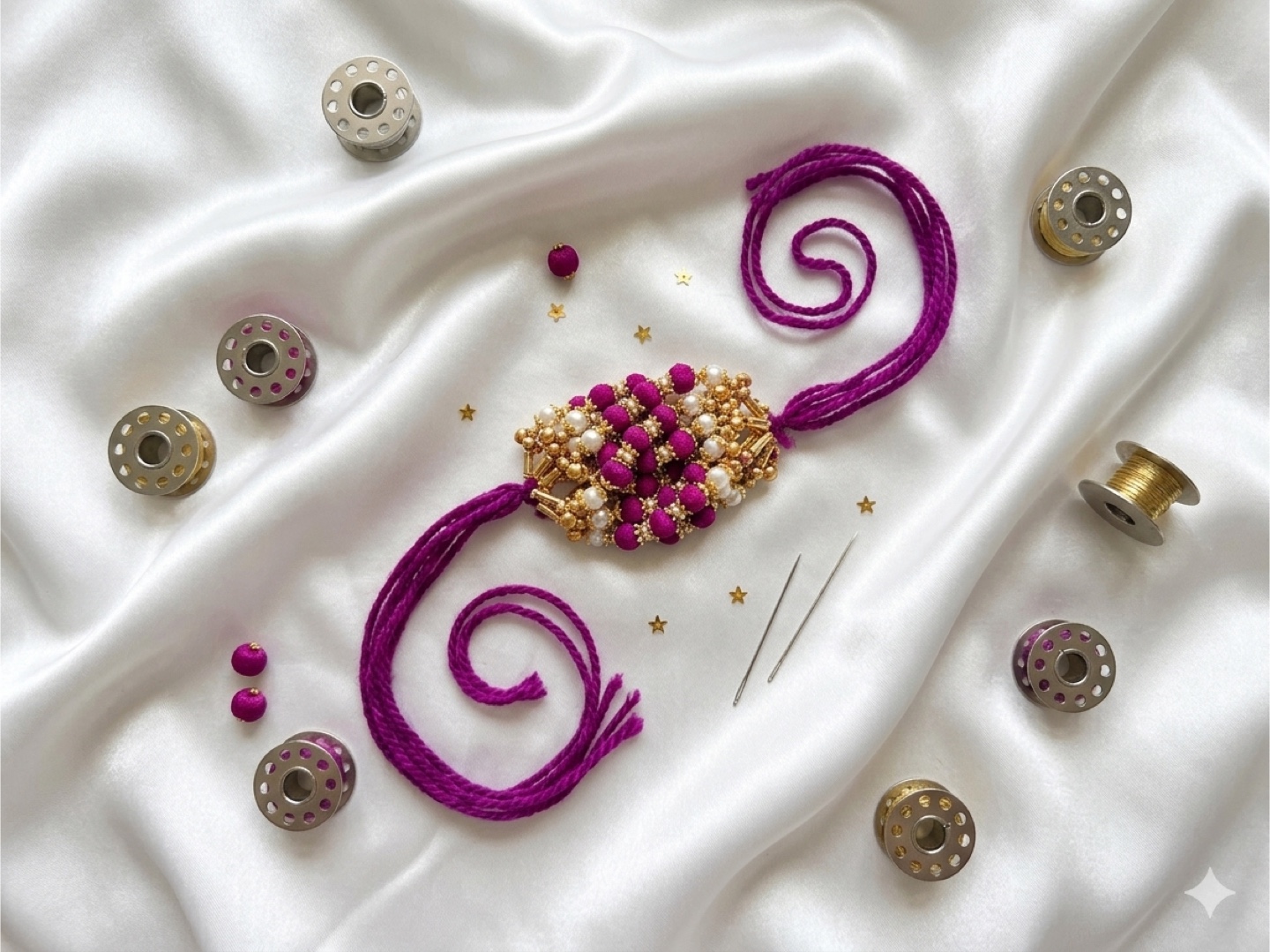 Handmade (band) gana with purple threads and pearl beads