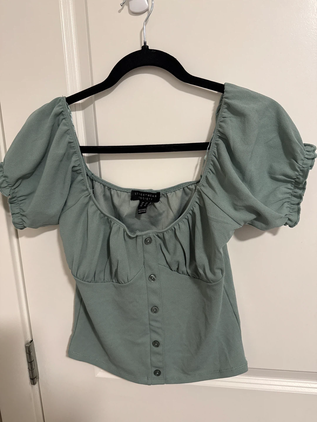 Medium - Sage Green Square Neck Puff Sleeve Top