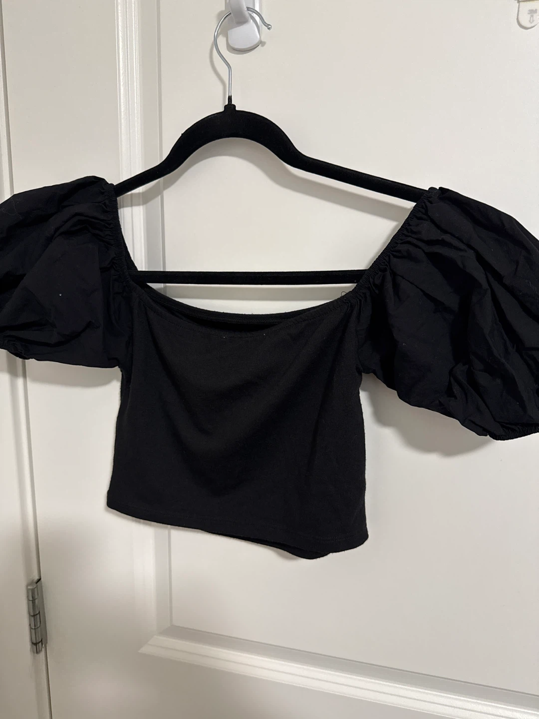 Medium- Black Zara Puff Sleeve Square Neck Crop Top - photo 2