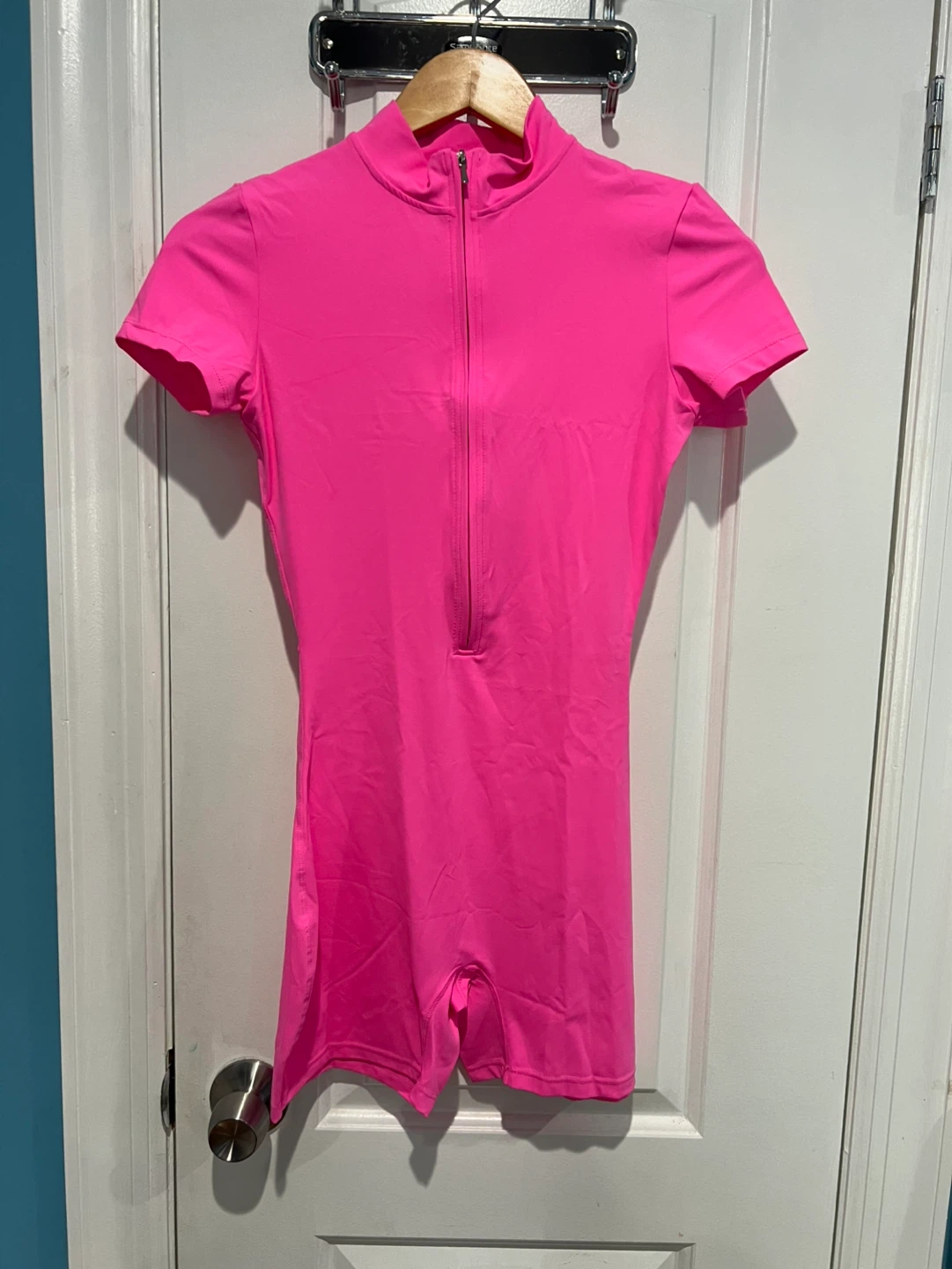 Bright Pink Short Sleeve Zipper Romper - Size M