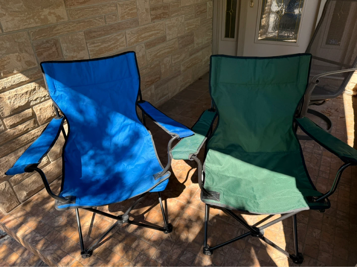 Two Folding Camp Chairs - Blue and Green