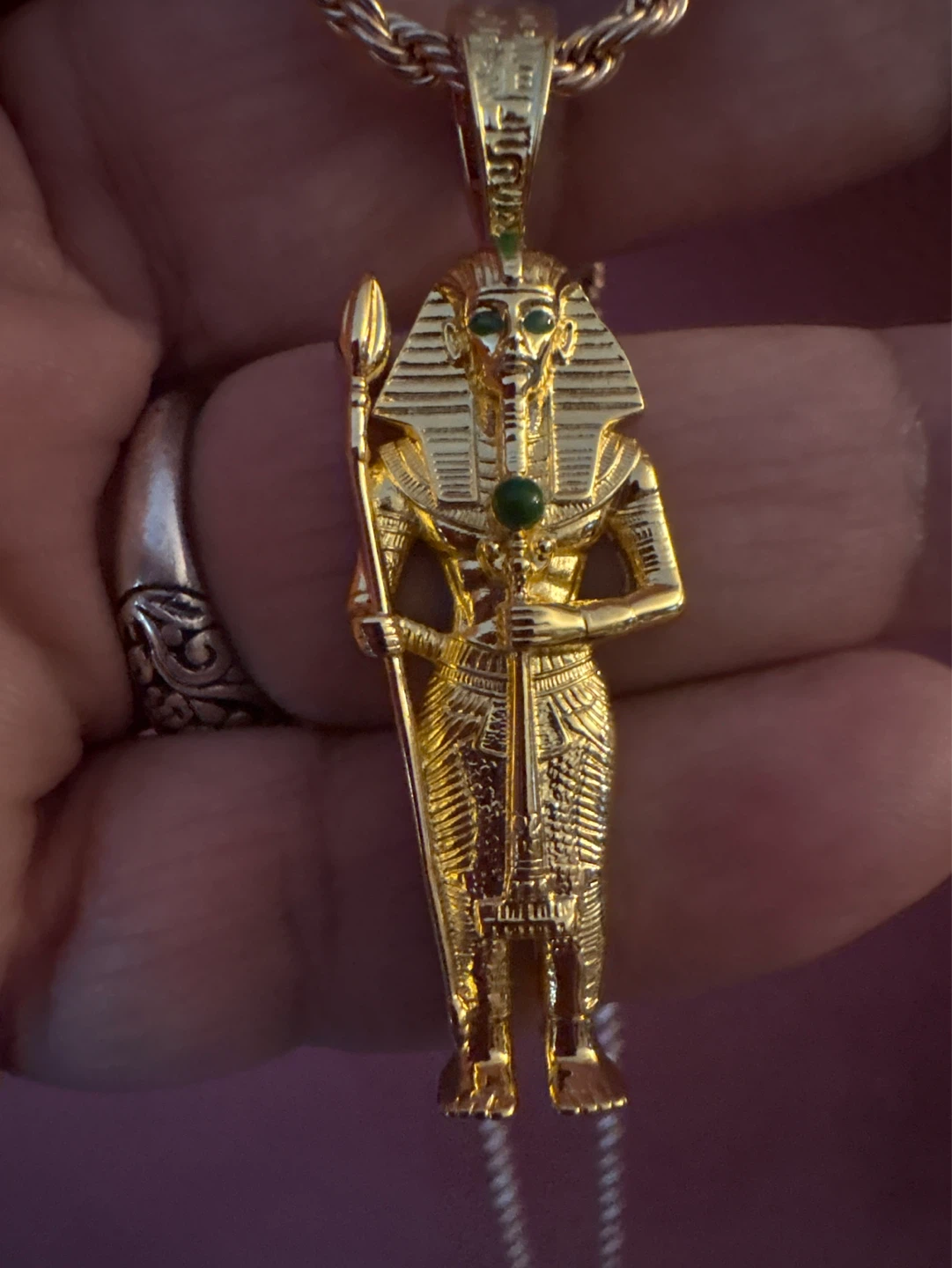 18KGold SS Moissanite  green jade Pharoah Pendant Necklace - photo 5