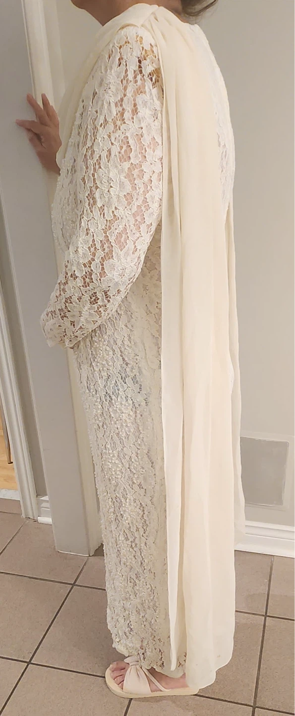 Women's Cream Lace Long Sleeve Dress with Chiffon Overlay - photo 3