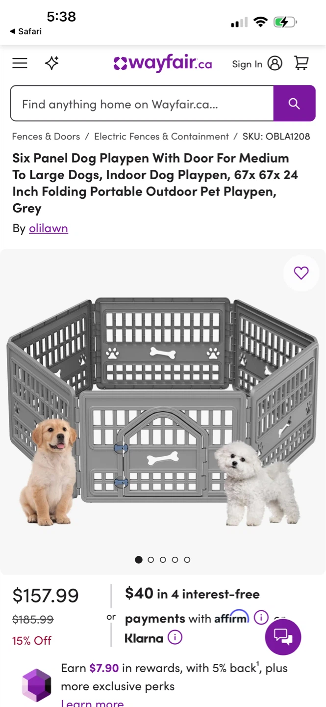 NEW in Box Six Panel Dog Playpen / Crate from Wayfair.ca