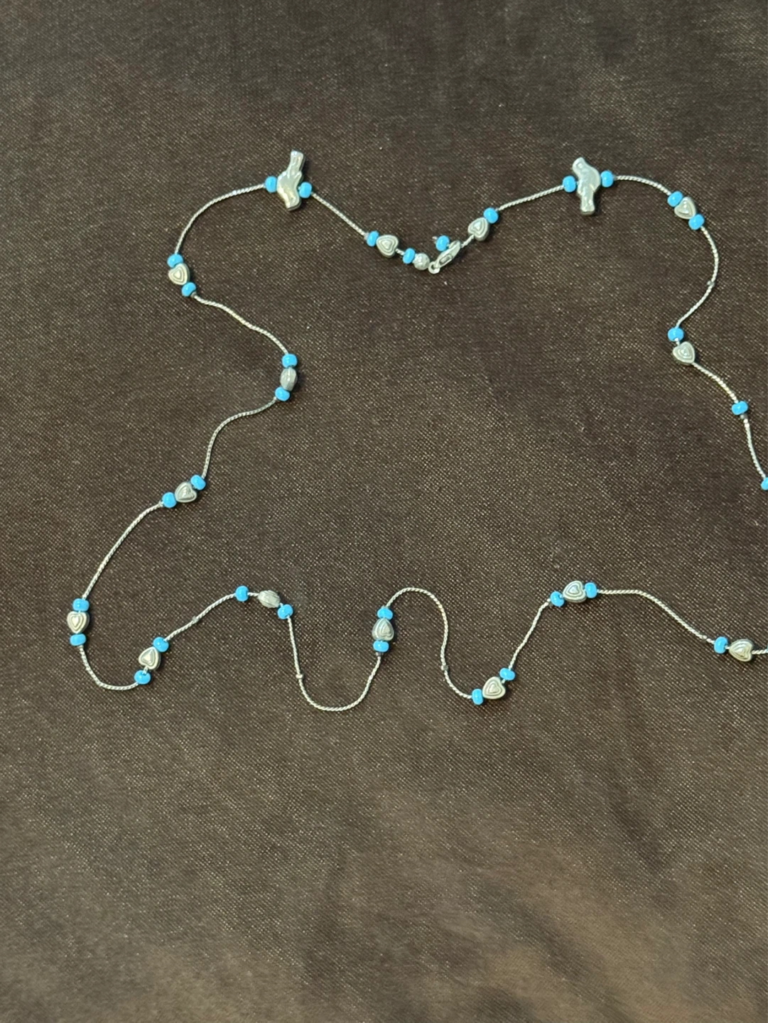Silver Necklace with Blue Heart and Bird Charms