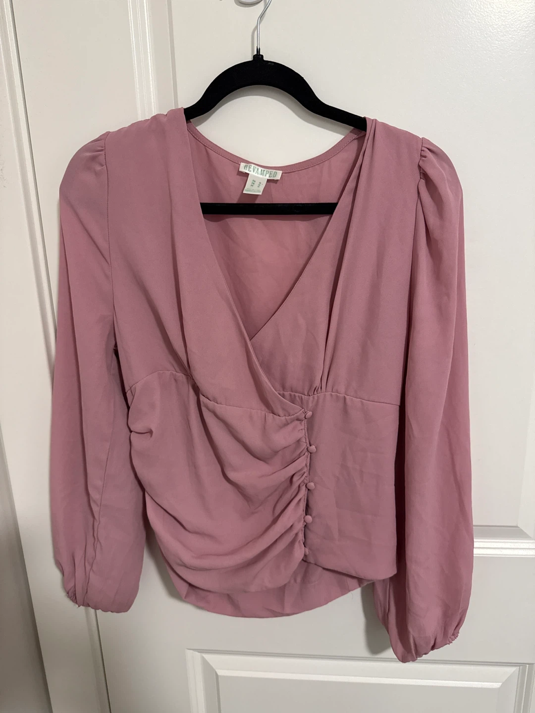 Blush Pink Ruched V-Neck Long Sleeve Top - Size M