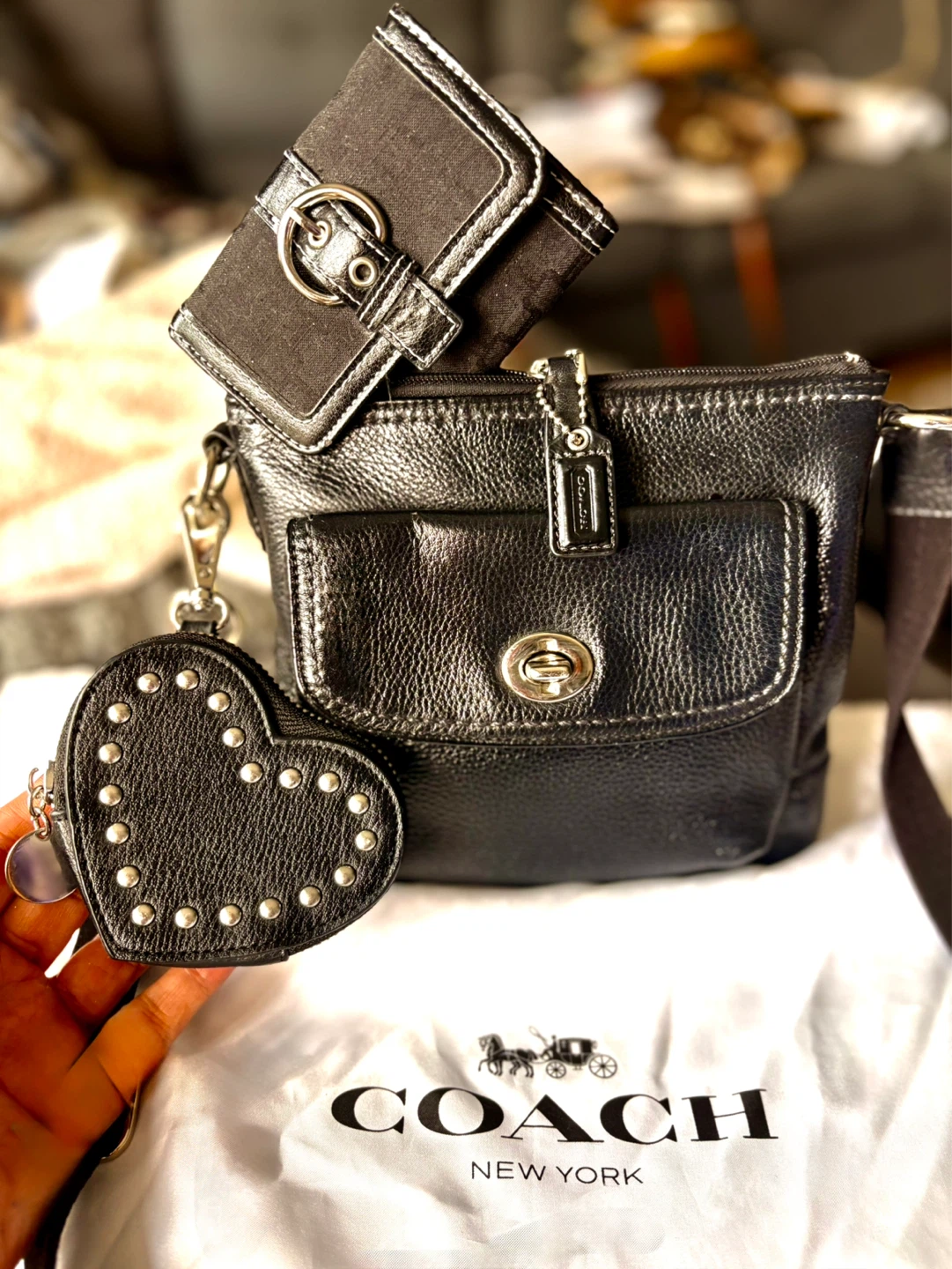Coach Black Leather Crossbody Bag with Wallet and Coin Purse