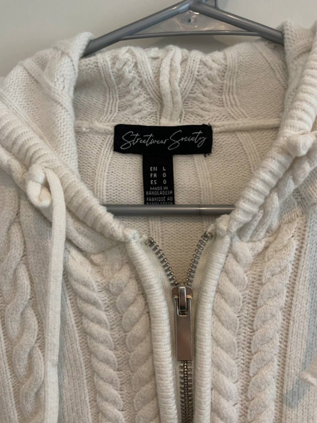 Streetwear Society White Cable Knit Zip-Up Hoodie - Size L - photo 3