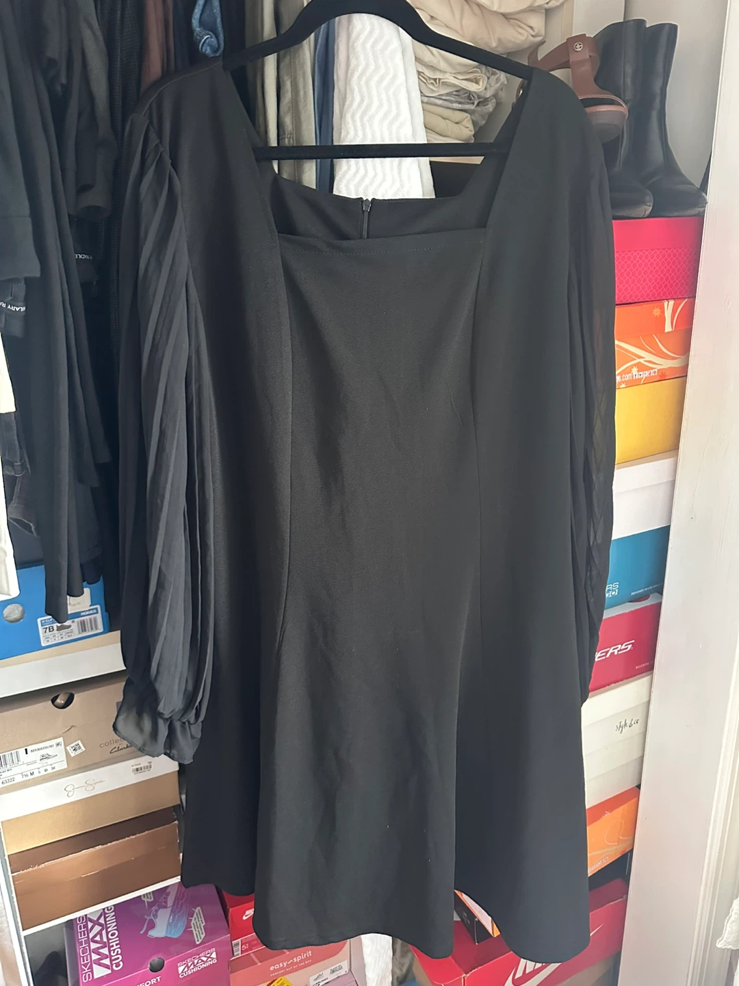 Black Square Neck Dress with Pleated Sleeves - photo 3