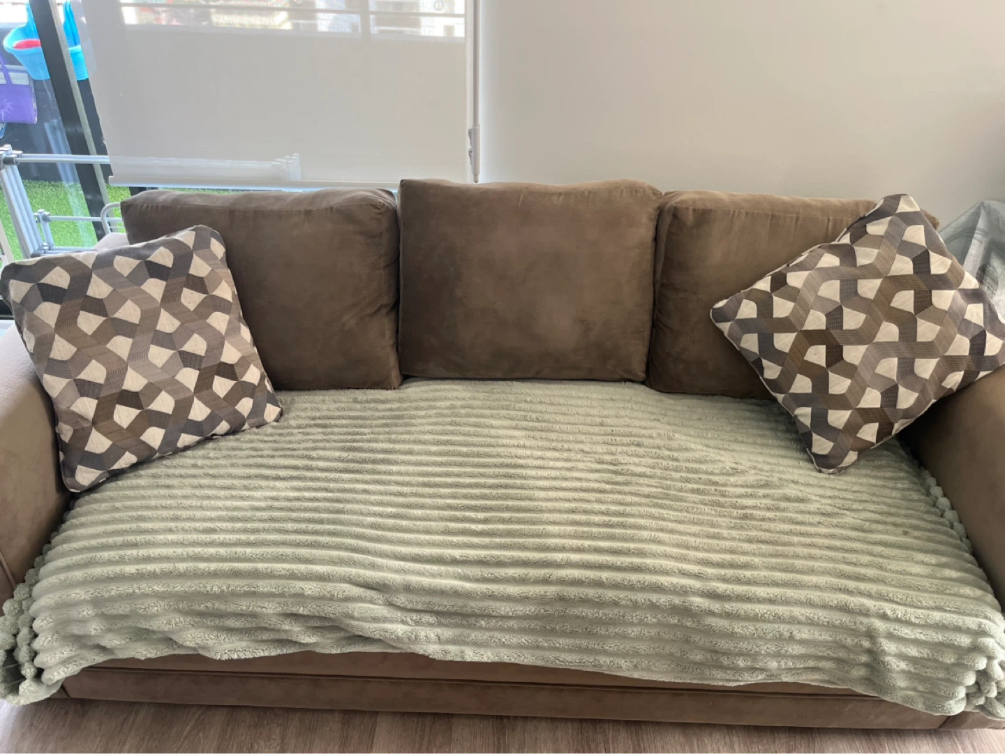 Brown 3 seater Sofa with Decorative Pillows and green throw - photo 5