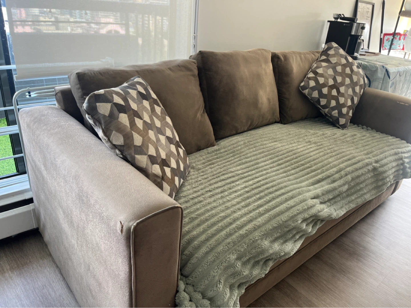 Brown 3 seater Sofa with Decorative Pillows and green throw - photo 3