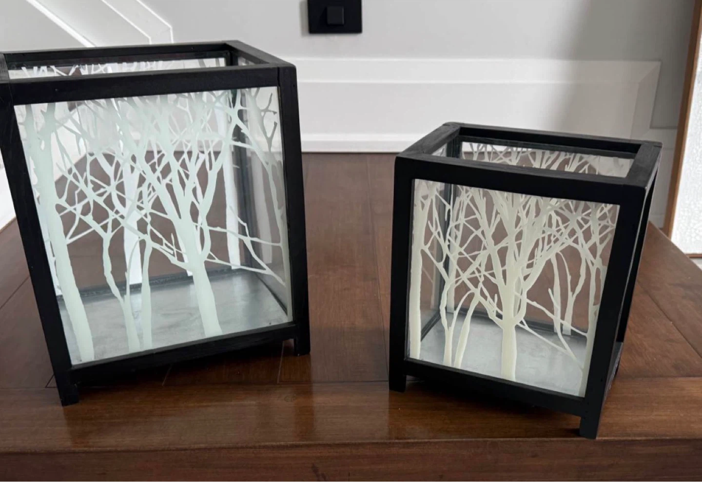 Urban Barn Black Wooden Lanterns with Frosted Tree Design