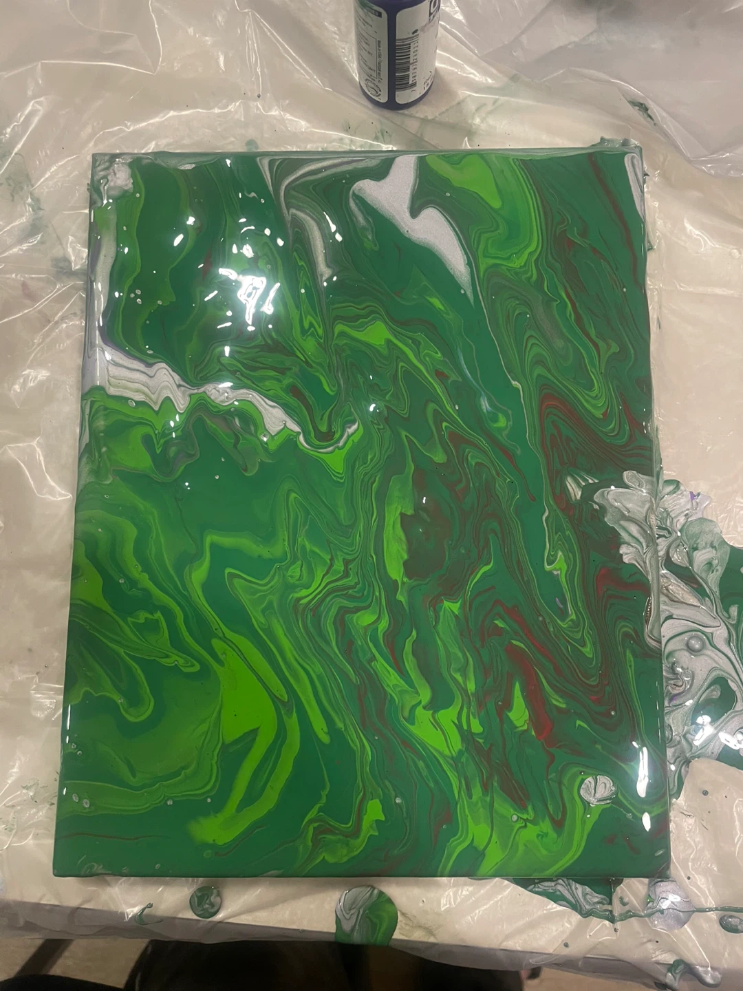 Green and White Abstract Pour Painting