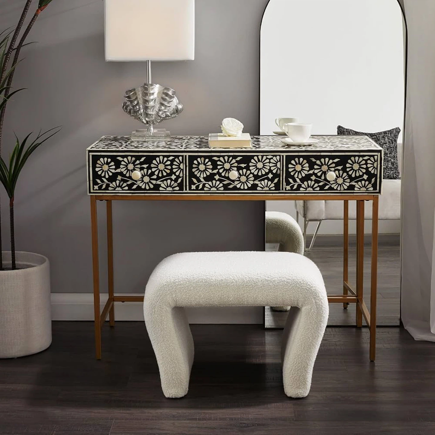 Boucle Ottoman bench / Vanity seat stool  / side table white - photo 4