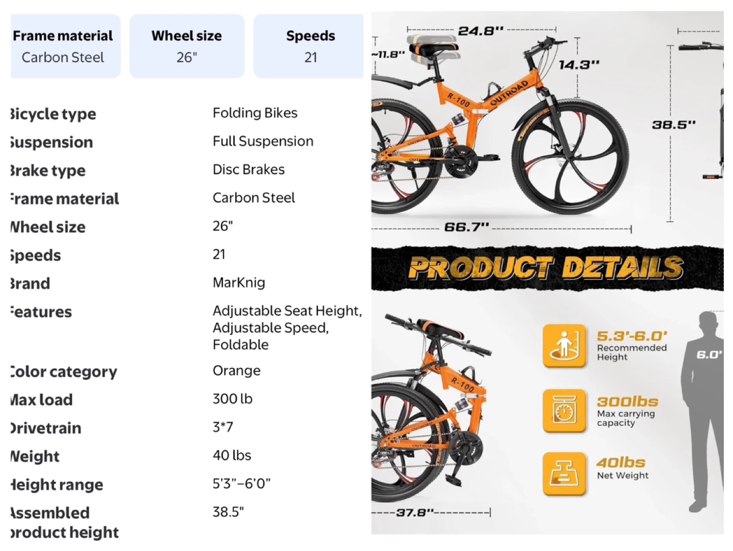 OUTROAD R-100 Folding Mountain Bike - Orange, 26" Wheel - photo 5