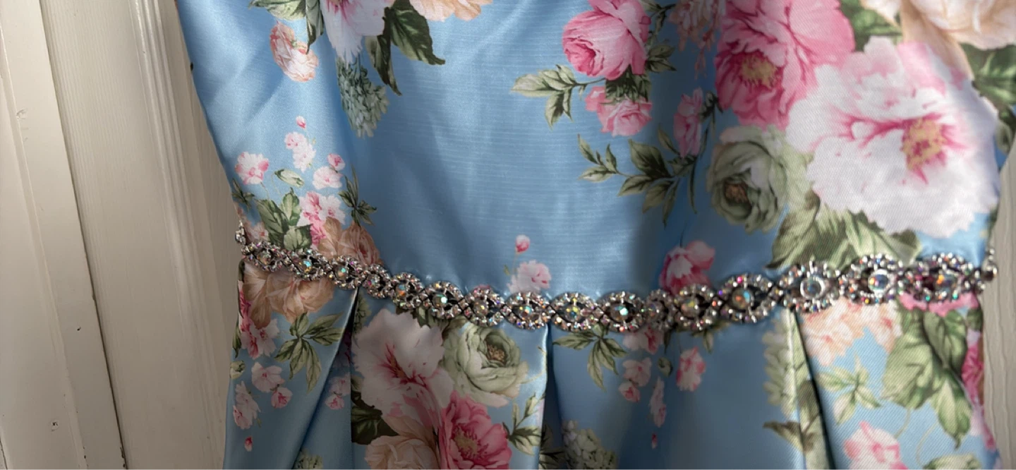 Blue Floral One-Shoulder Dress with Embellished Waist - Size 16 - photo 2