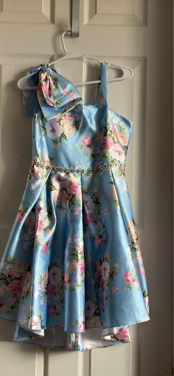 Blue Floral One-Shoulder Dress with Embellished Waist - Size 16