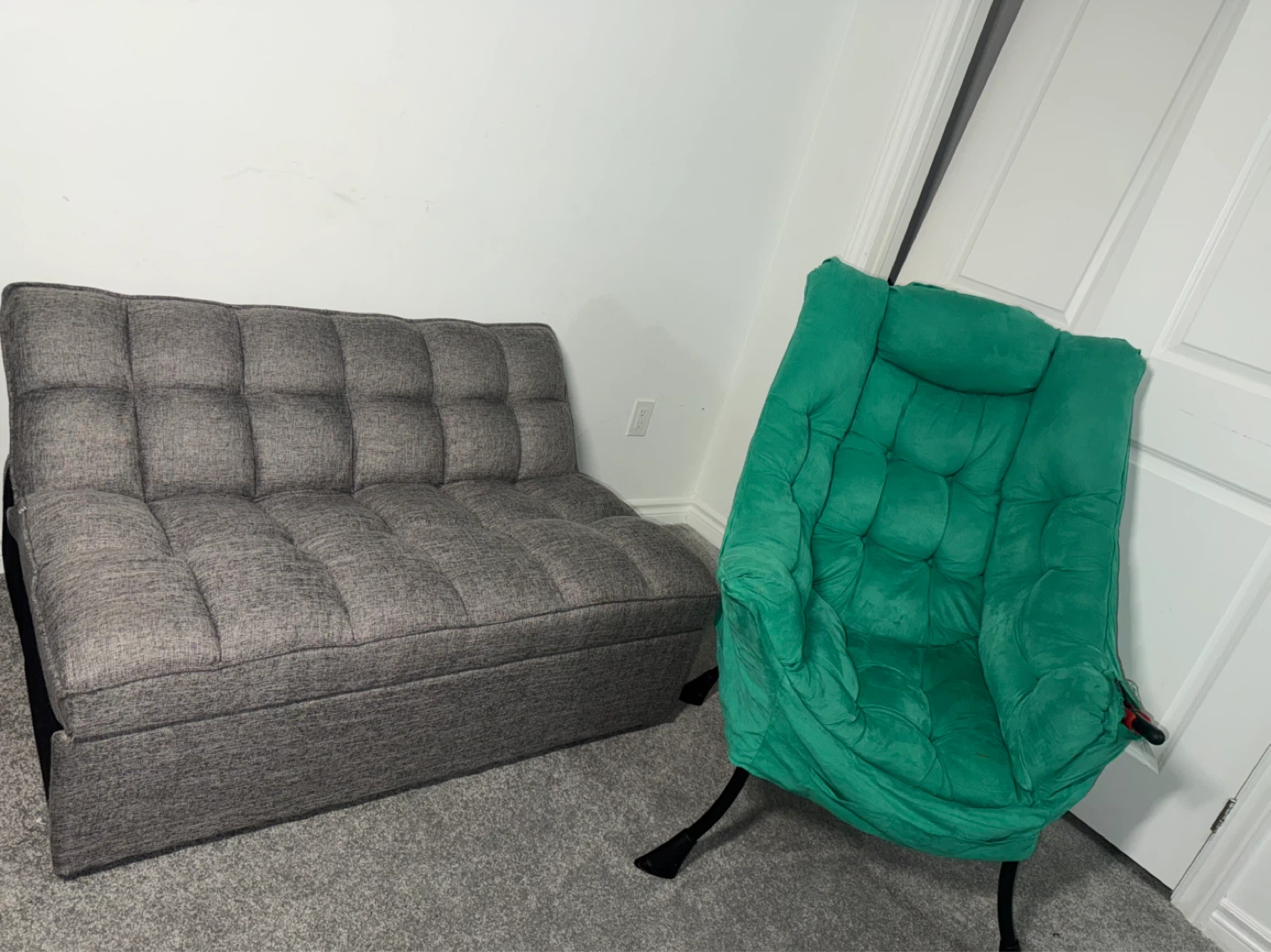 Grey tufted Ottoman Bench and Green Accent Chair. Both $40