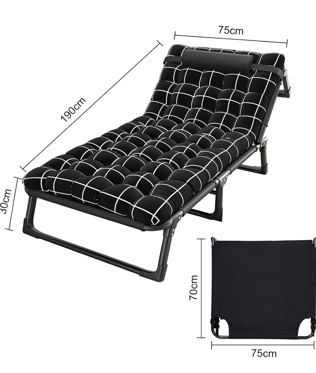 Black and White Plaid Camping Cot with Pillow