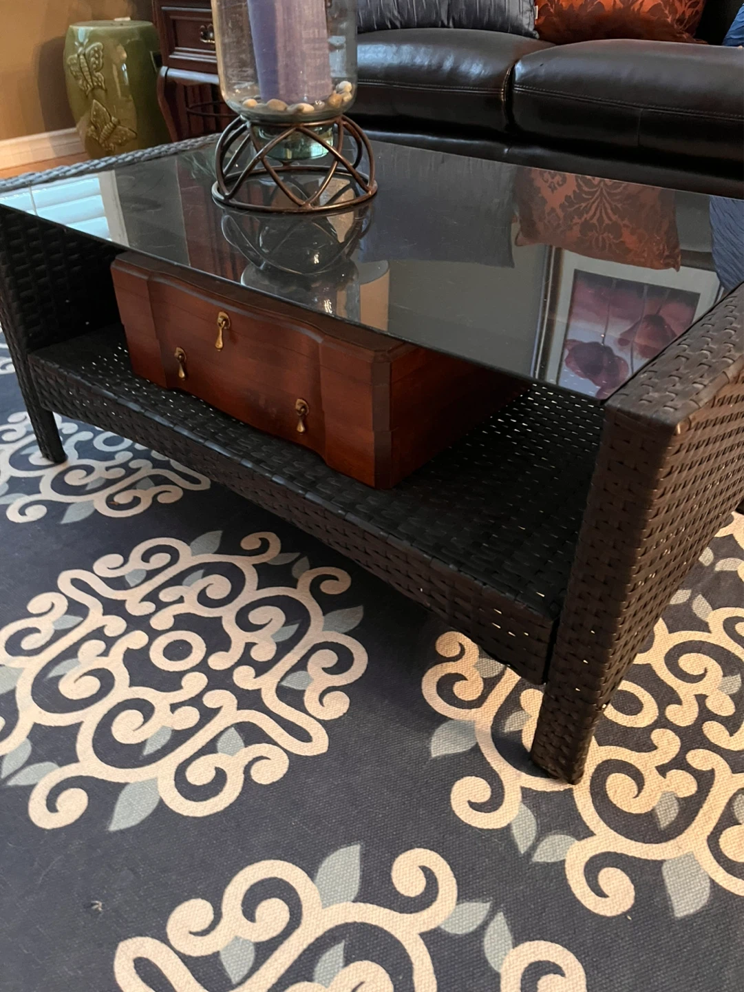 Wicker Coffee Table with Glass Top