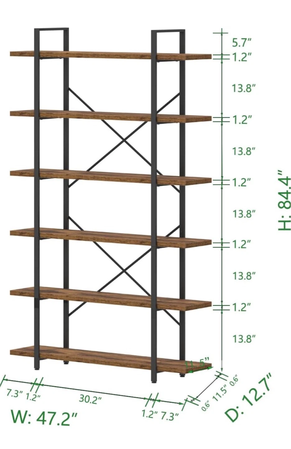 6-Tier Bookshelf - Industrial Style