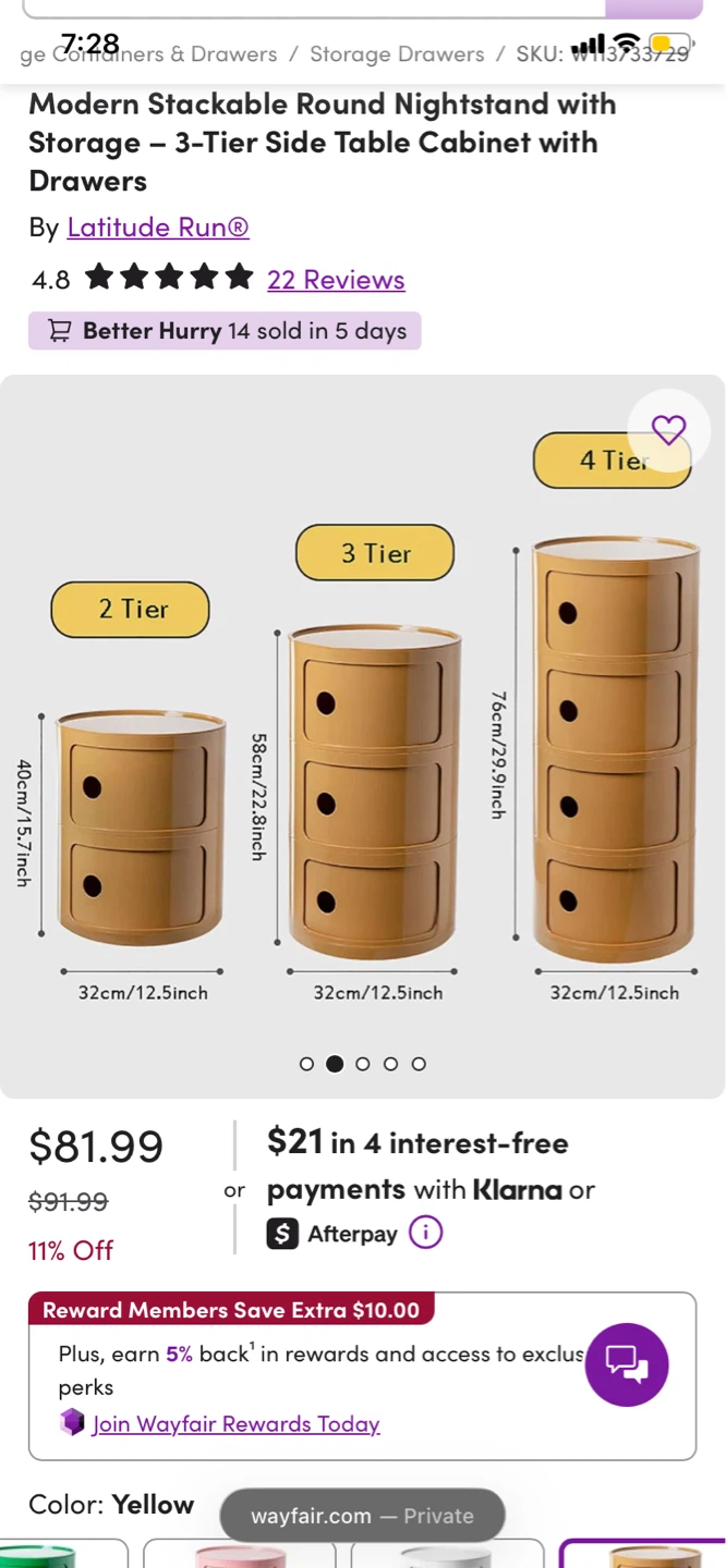 (Set of 2)  3-Tier Round Storage Cabinet - Yellow - photo 2