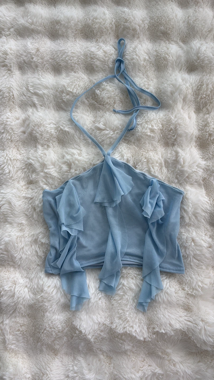 Blue Ruffle Halter Crop