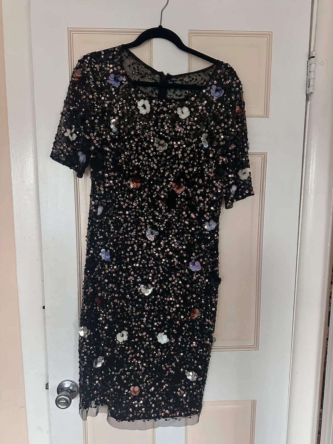 Black Sequin Floral Short Sleeve Dress