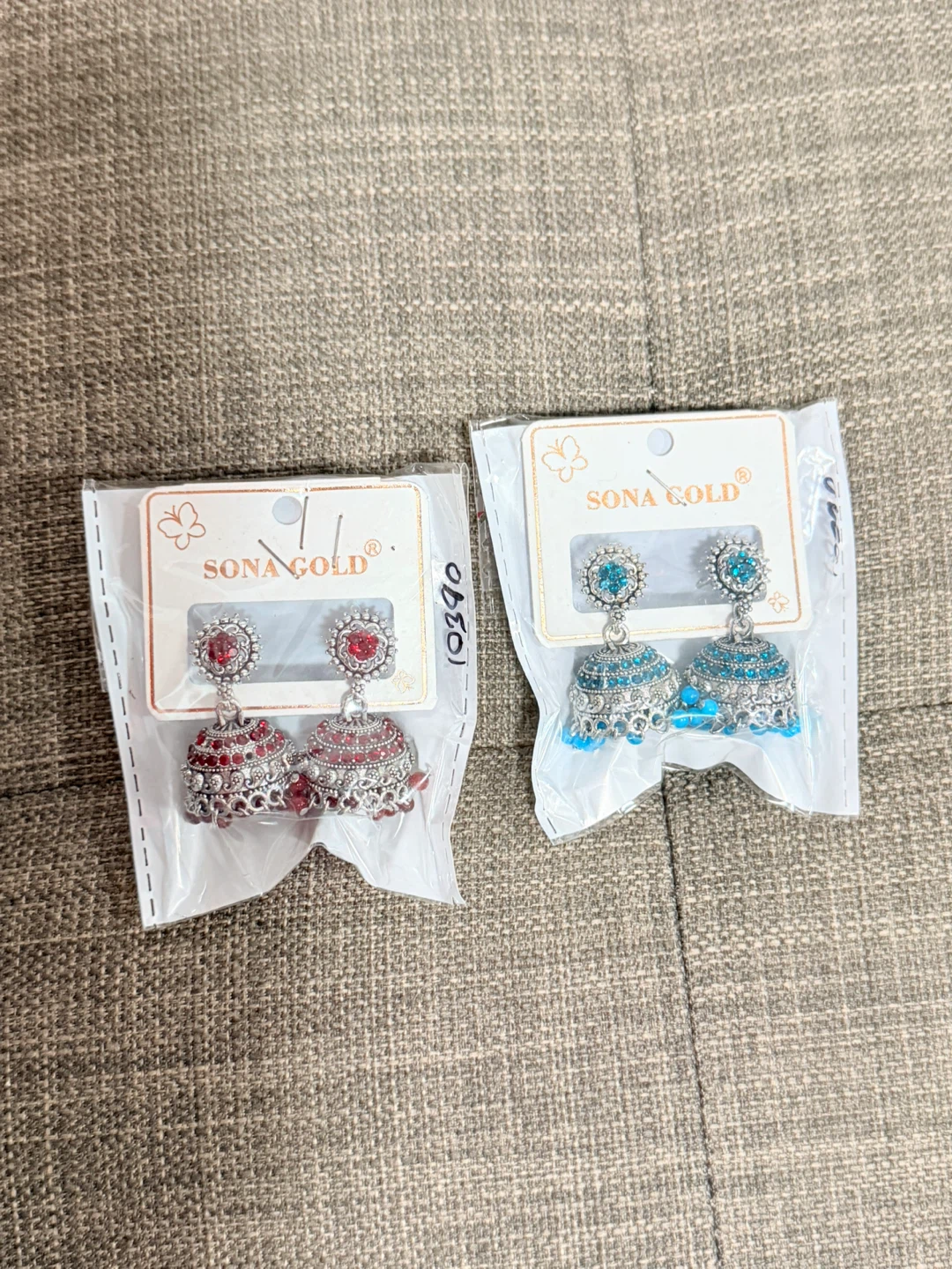 Sona Gold Jhumka Earrings - Red & Blue