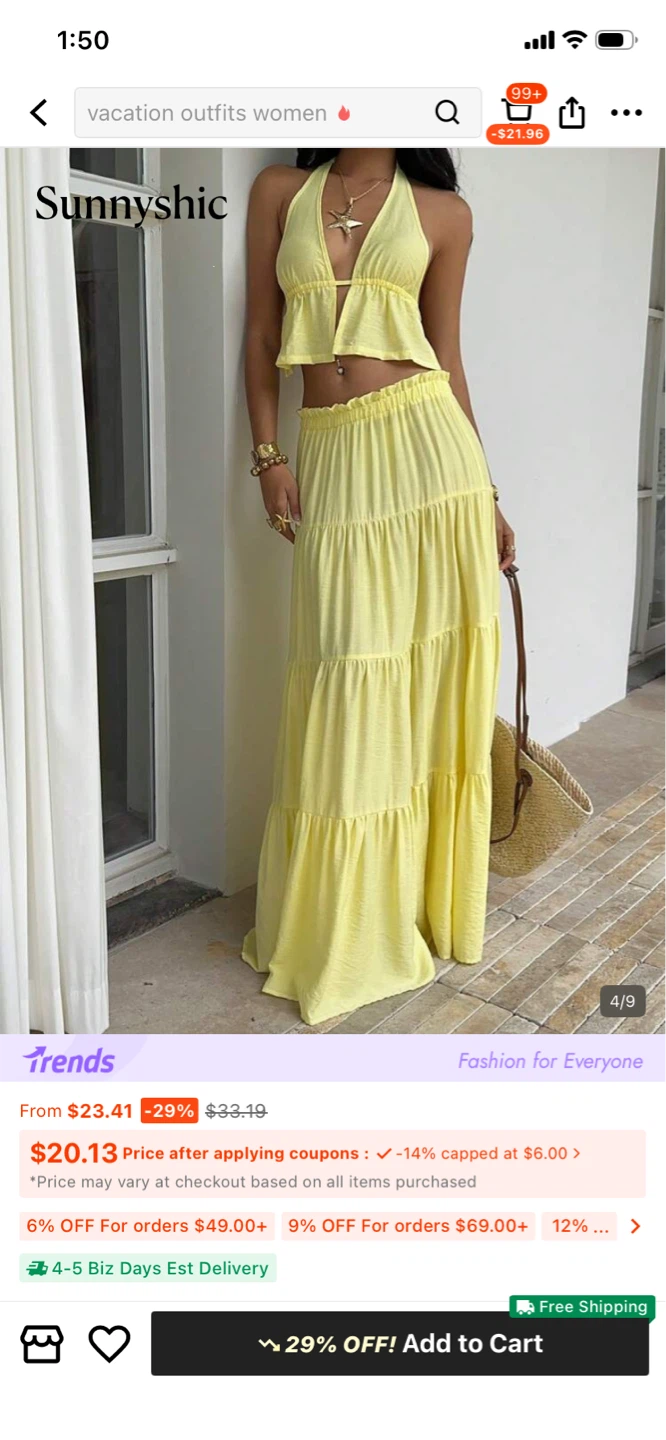 Sunnychic Women's Yellow Halter Crop Top & Tiered Maxi Skirt Set