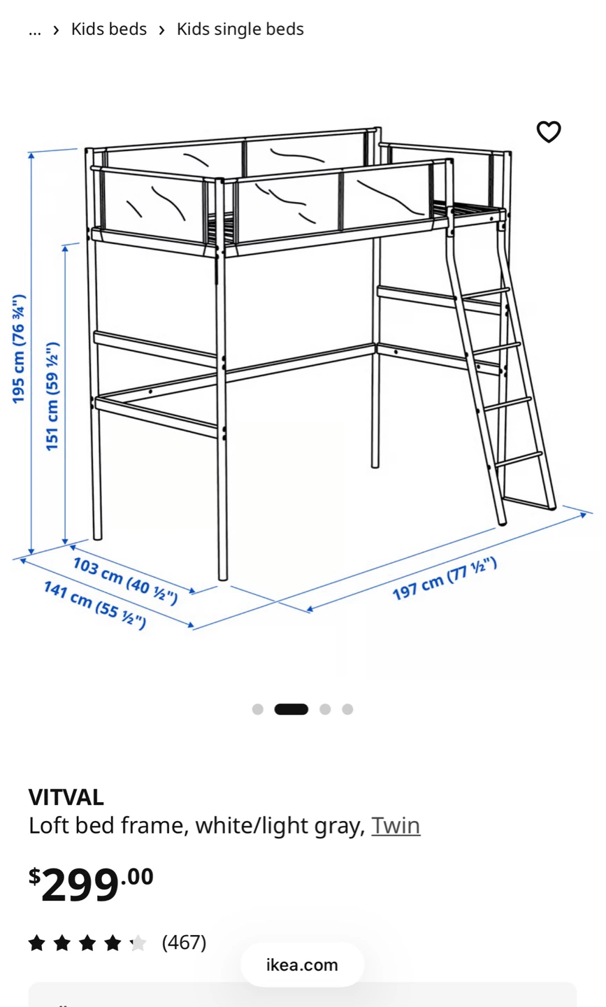 IKEA VITVAL Loft Bed Frame - White/Light Gray - Twin - photo 4