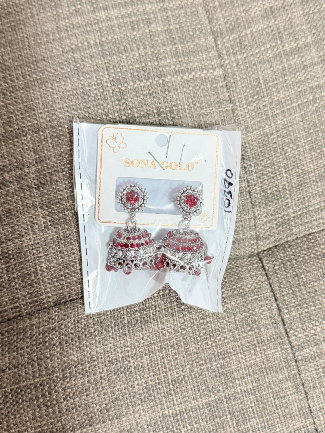 Sona Gold Jhumka Earrings - Red & Blue - photo 3
