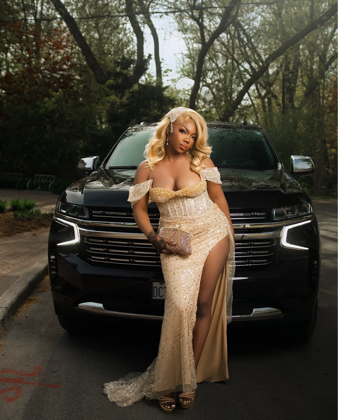 Renting Sparkly Gold Off-the-Shoulder Gown with High Slit