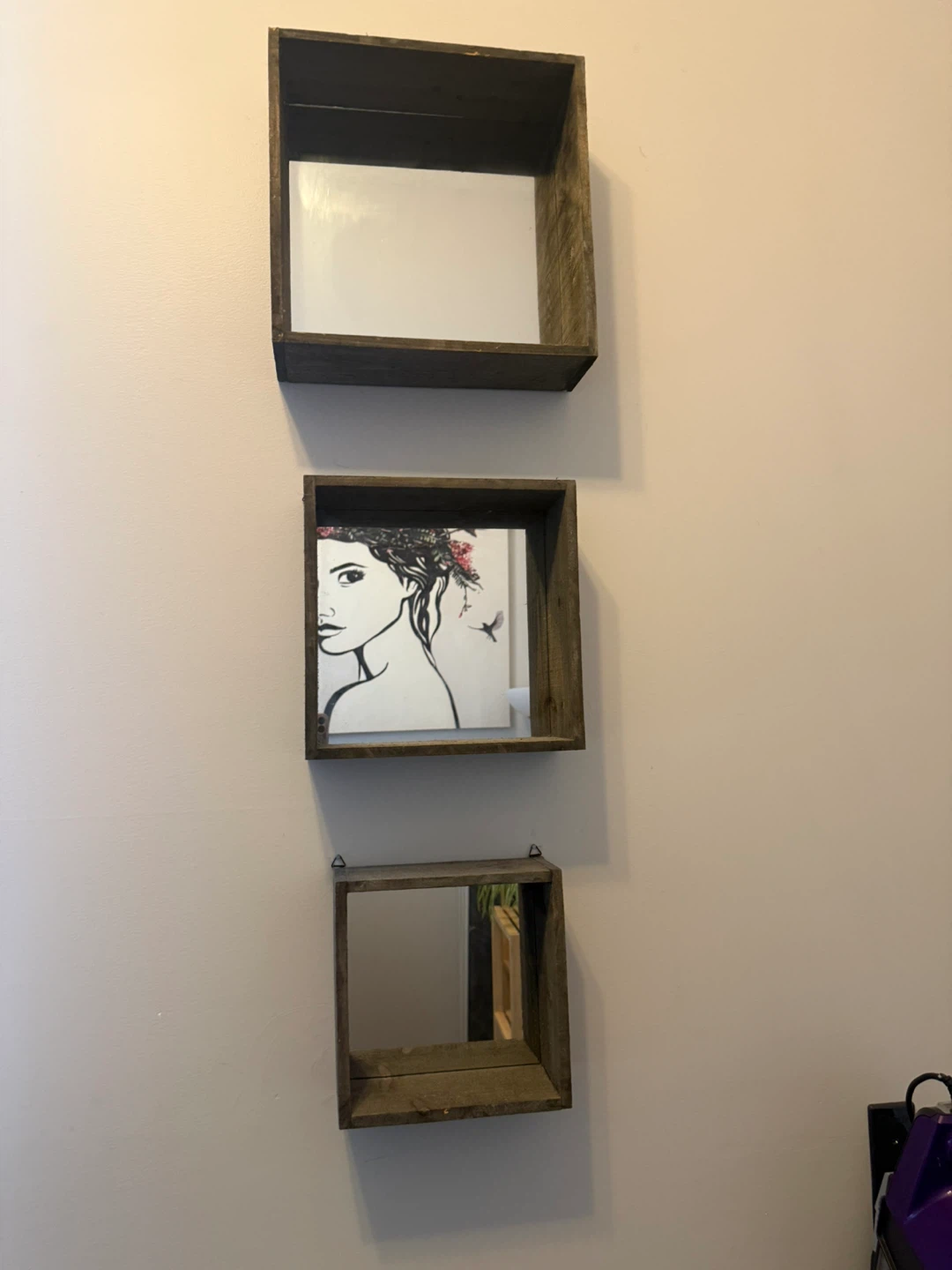 Set of 3 Rustic Wooden Shadow Boxes with Mirrors