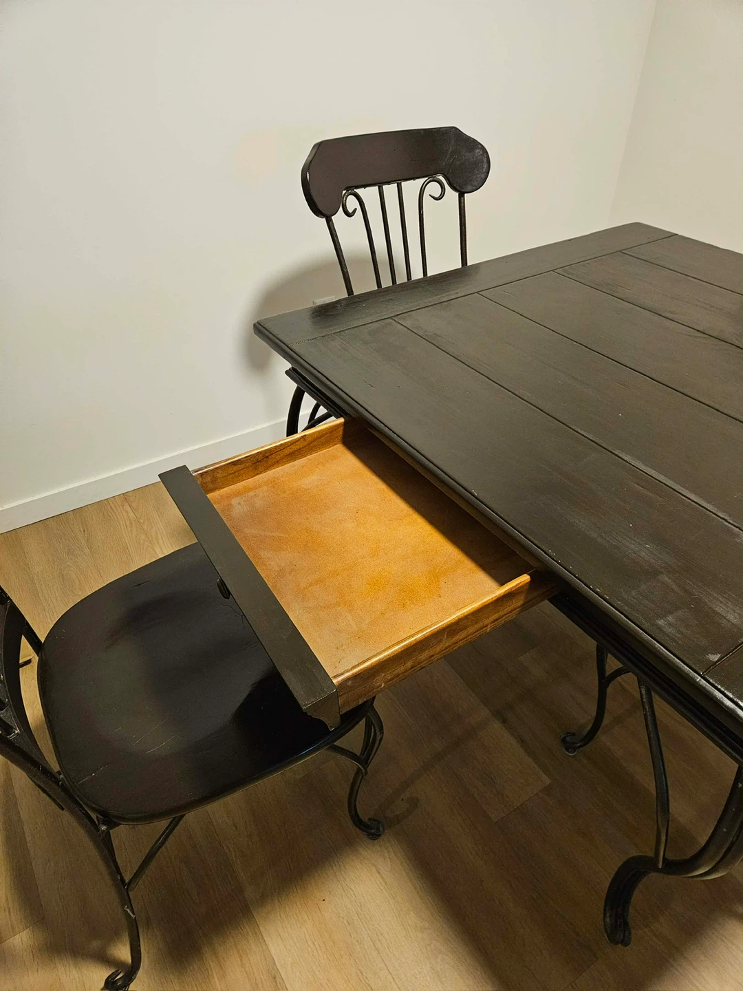 Dark Wood Dining Table with Drawer and 2 Chairs