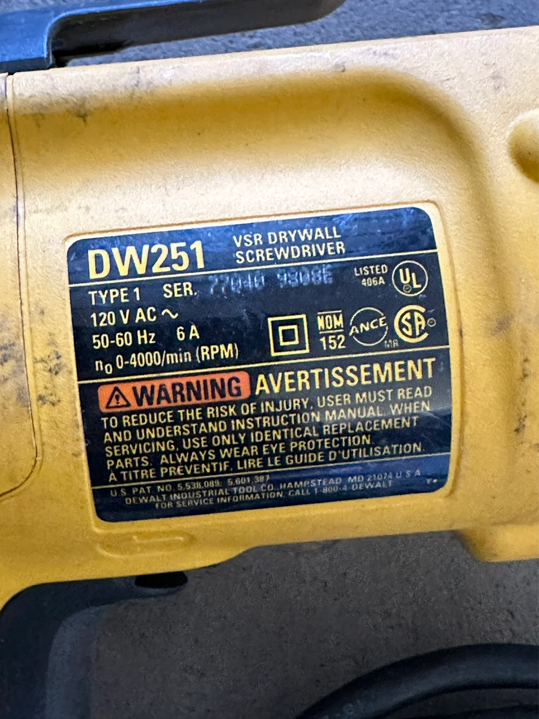 DeWalt DW251 VSR Drywall Screwdriver Type 1 Corded - photo 3