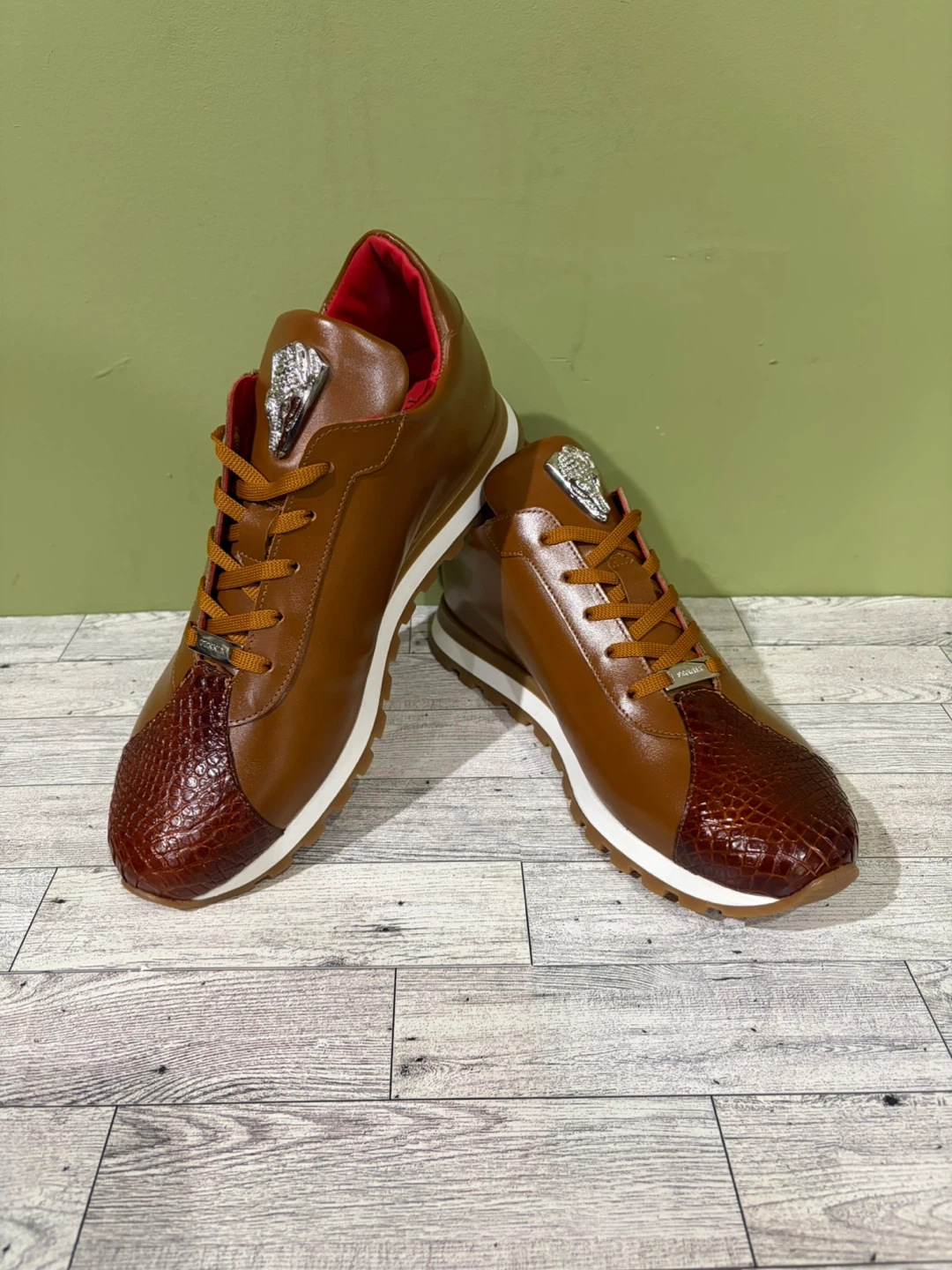 Brown Leather Fashion Sneakers with Snake Print Toe