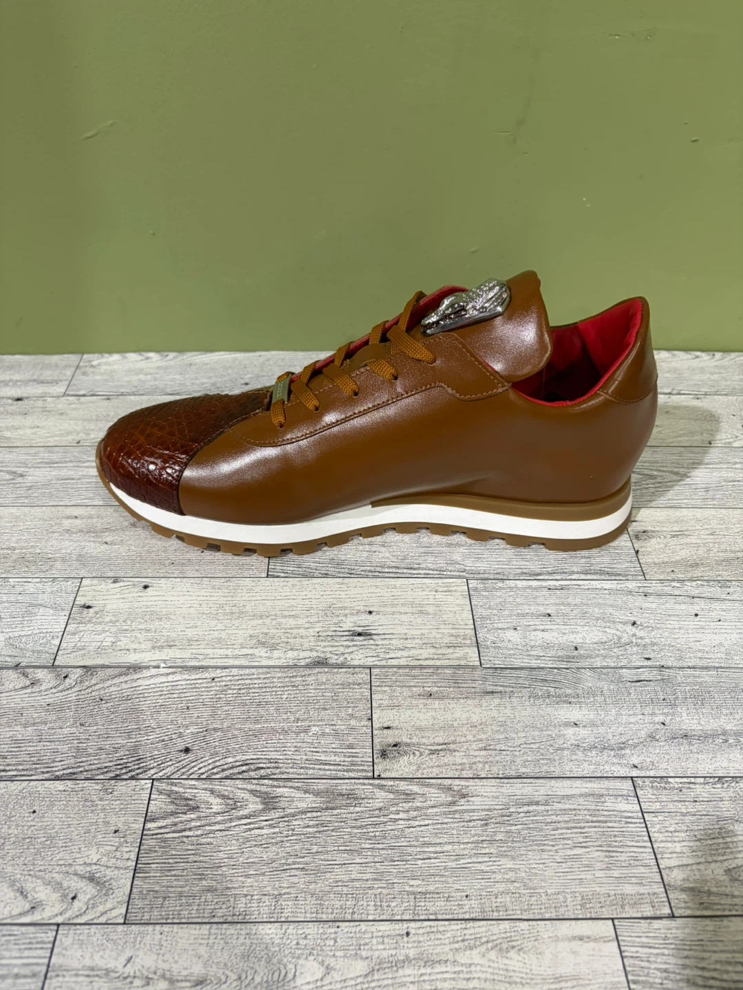 Brown Leather Fashion Sneakers with Snake Print Toe - photo 3