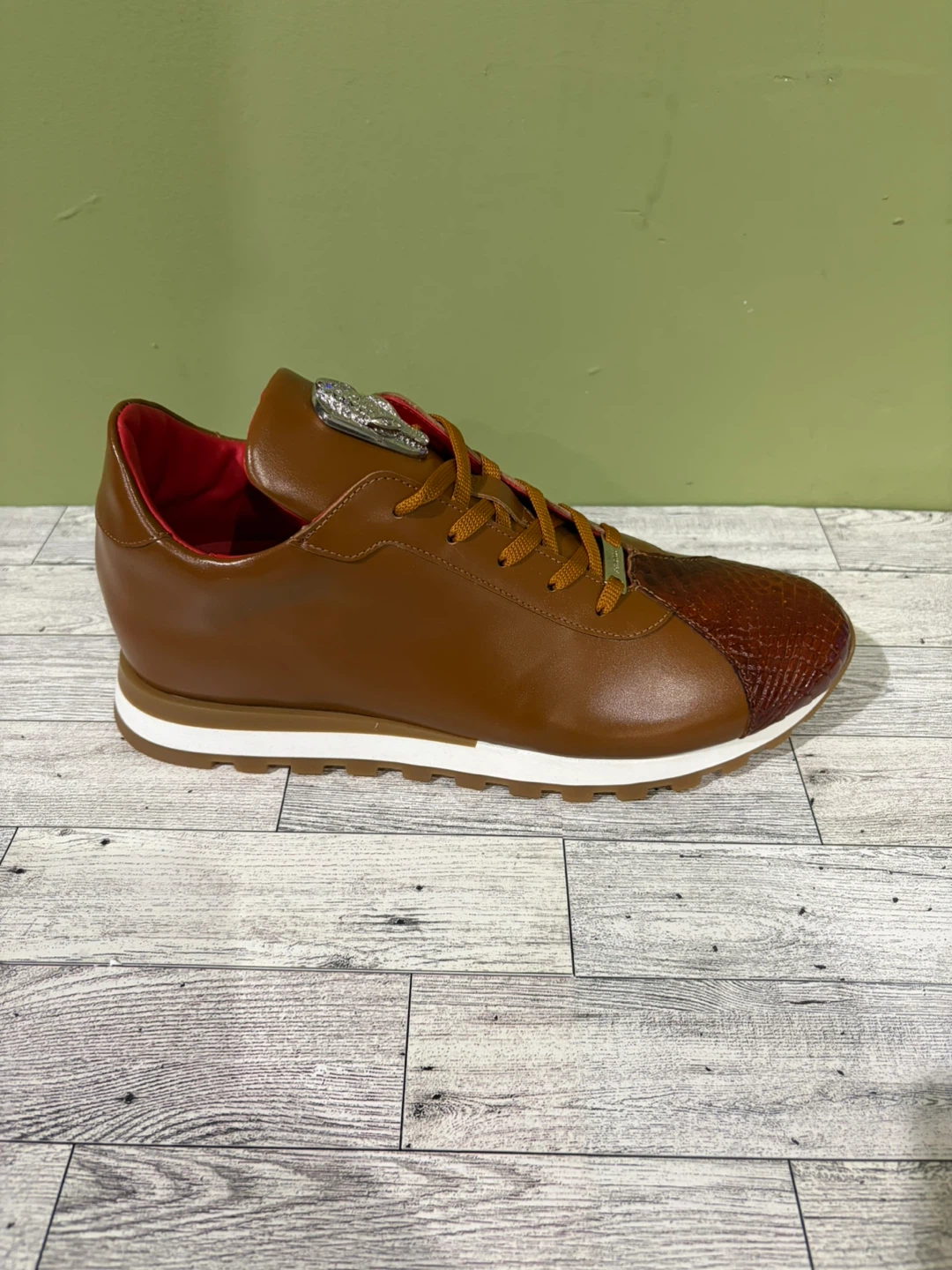 Brown Leather Fashion Sneakers with Snake Print Toe - photo 2