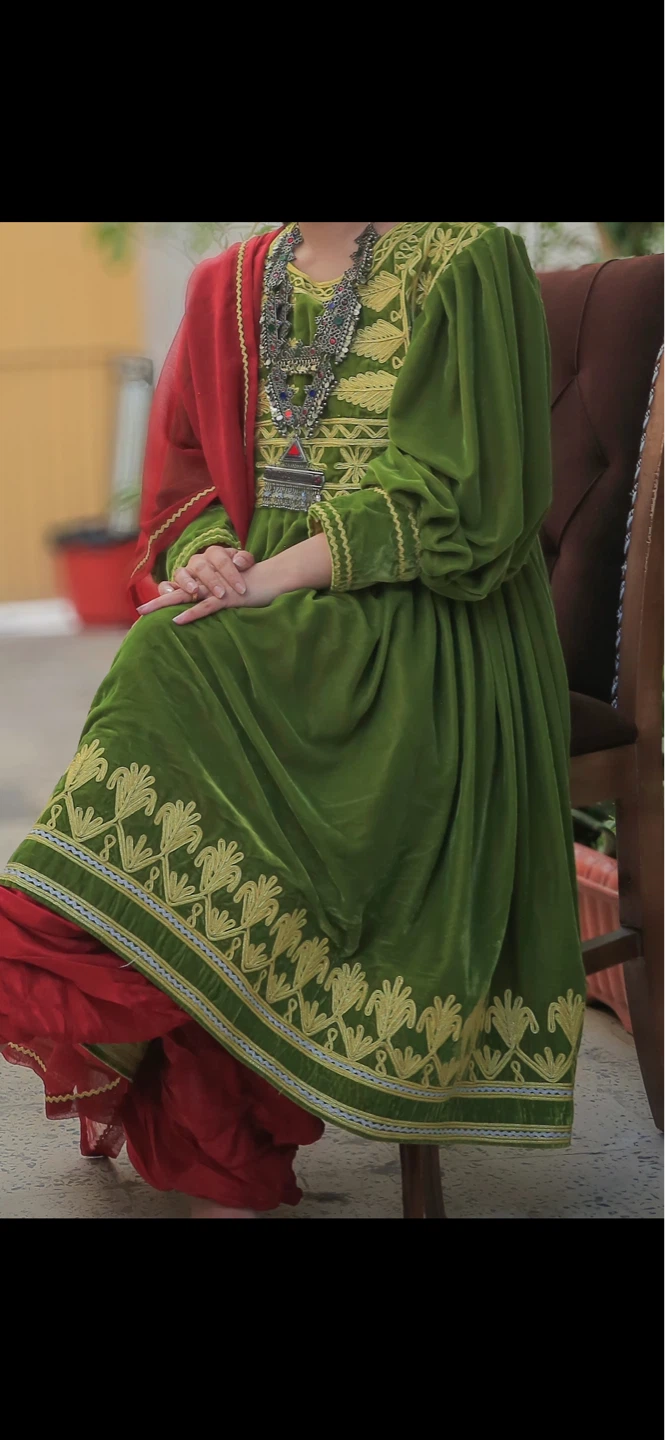 Green Velvet Dress with Yellow Embroidery