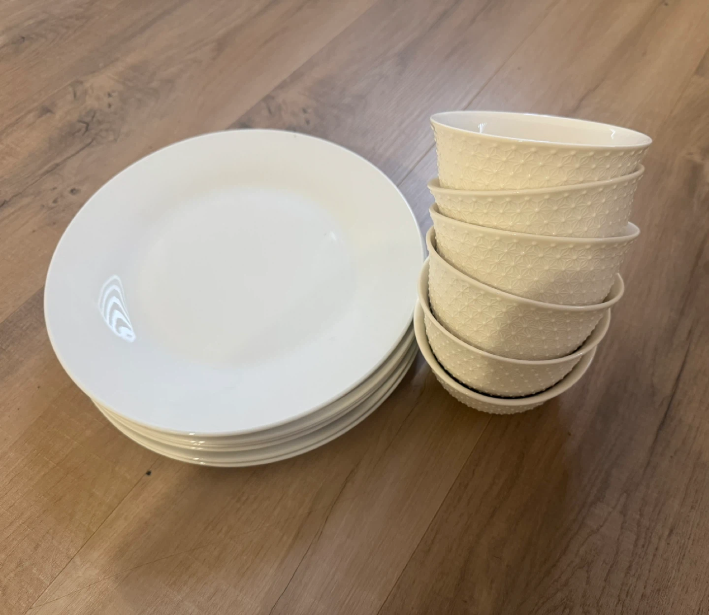 White Dinner Plates and Embossed Bowls Set