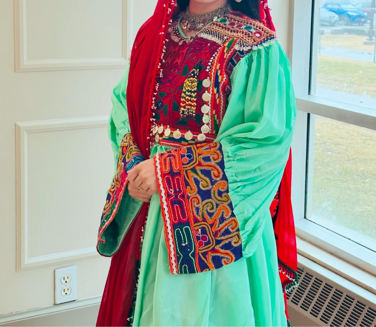 Embroidered Afghan Dress with Red Scarf - photo 2