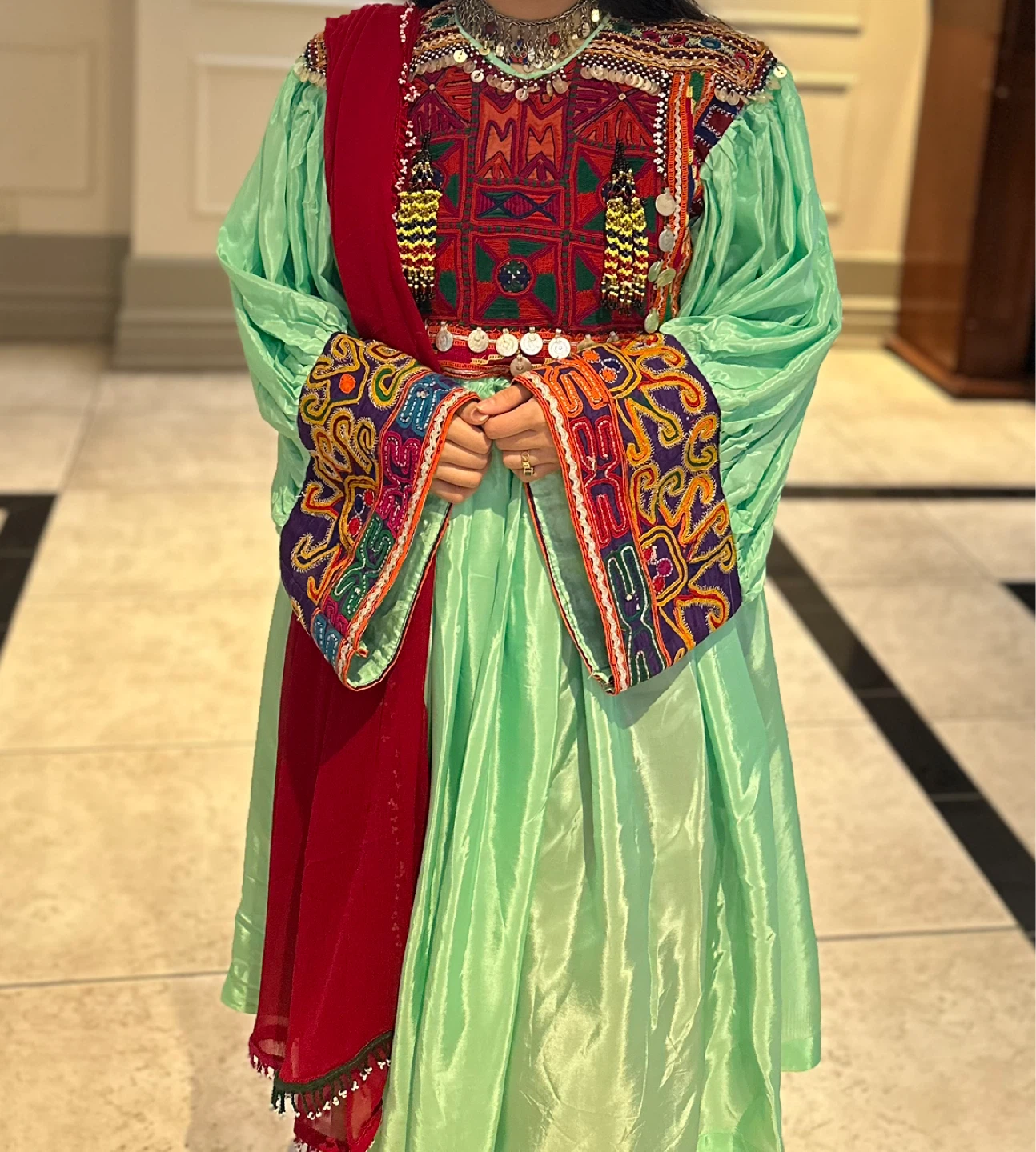 Embroidered Afghan Dress with Red Scarf - photo 3