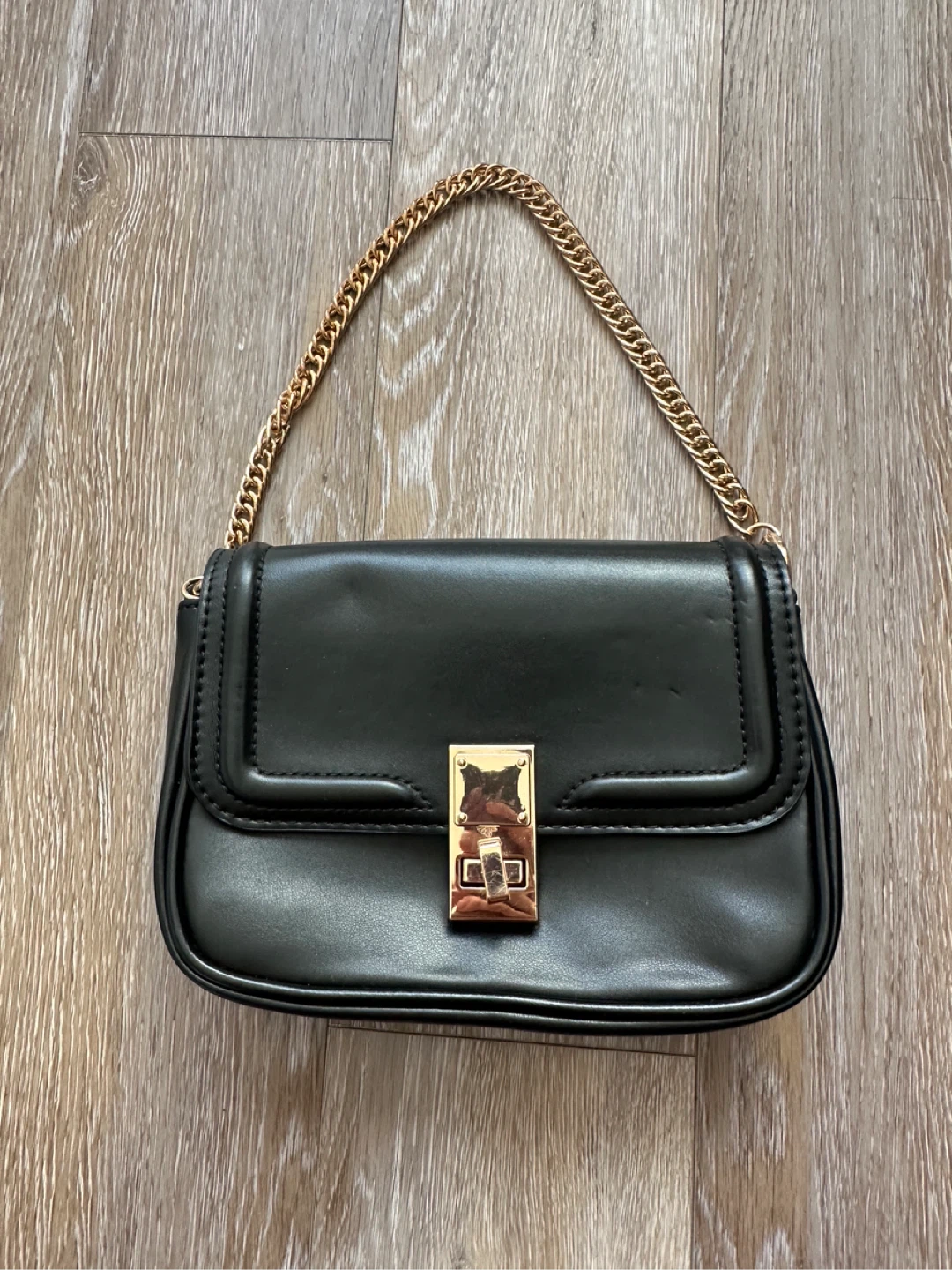 ALDO Black Faux Leather Shoulder Bag with Gold Chain