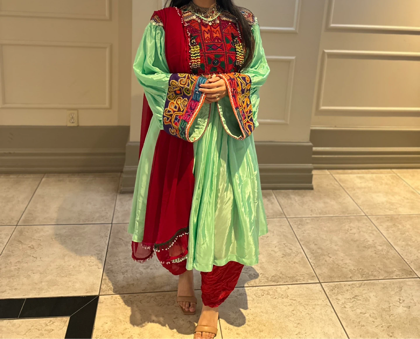 Embroidered Afghan Dress with Red Scarf