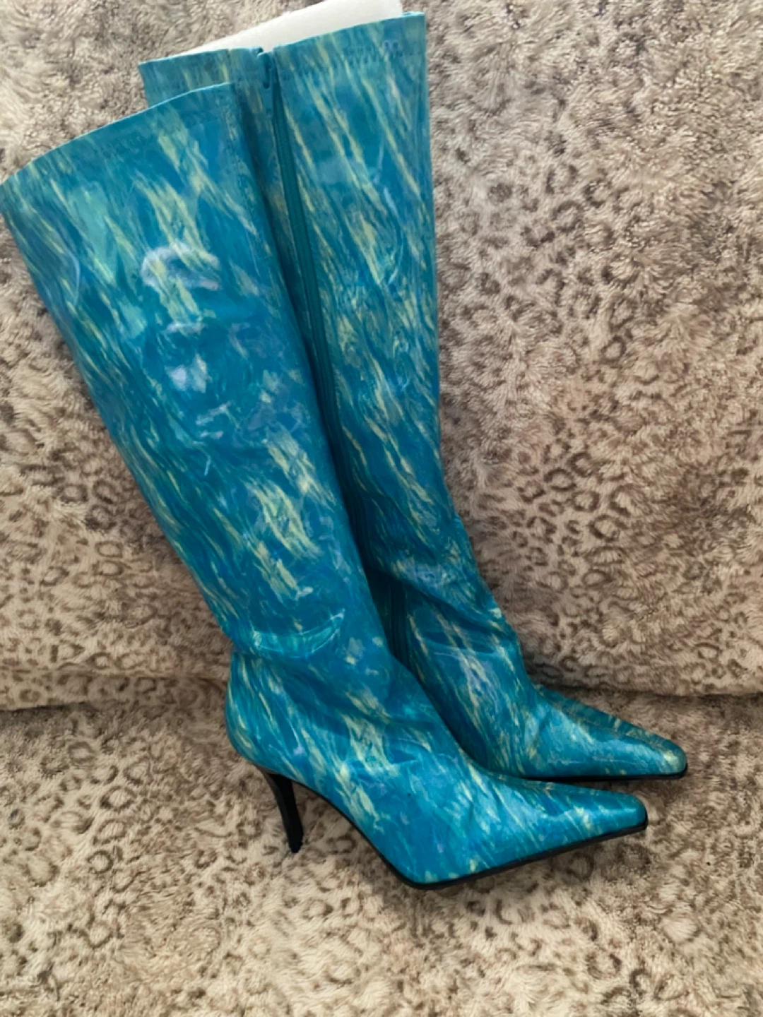 Vintage Blue and Yellow Swirl Knee-High Heel Boots - photo 2